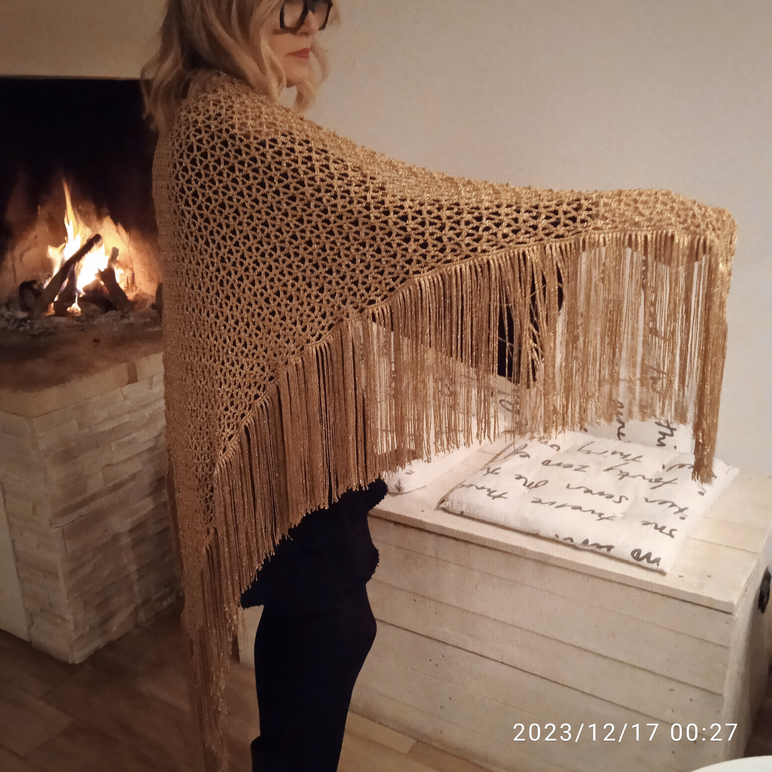 Elegant crochet shawl in soft lurex yarn, with long long fringes, gold or silver colored,for  ceremonies, for the bride, for wedding guest
