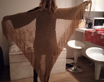 Elegant crochet shawl in soft lurex yarn, with long long fringes, gold or silver colored,for  ceremonies, for the bride, for wedding guest