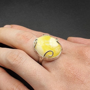 Sterling Silver Ring, Yellow White Natural Amber,  Silver Whorls, Adjustable Amber Ring, 7.5g, Unique, Amber Ring 16-17.5 (6+USA),  #450