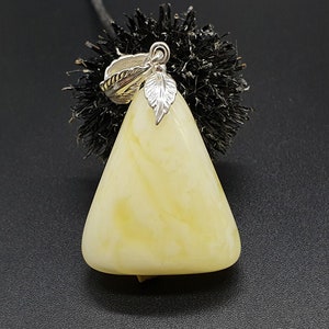 361 Natural Amber Pendant, 925 Sterling Silver, 9.0 g, Milky White with Yellow Stripes, Triangle Shape