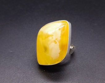 Amber Ring, 12.6 g, 925 Sterling Silver,  Adjustable Ring 6.5+ (17+mm), Egg Yolk with White, Baltic Amber Accessories,  #775