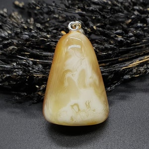 308 Natural Amber Pendant, 925 Sterling Silver, 4.5 g Caramel with White Opaque , Triangle Shape, Full Skin Backside