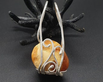 Amber Pendant, 925 Sterling Silver Frame, Brown/Opaque White,  Handmade Jewelry, 17 g, Full Skin Pattern, #755