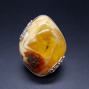 673 Natural Amber Ring, Semi-Transparent Yellow with White Opaque, Brown Amber, Adjustable Ring, 925  Sterling Silver, Baltic Amber