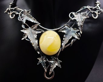 Amber Necklace, Opaque Yellow with White, Sterling Silver, Natural Amber Pendant, Fashion Jewelry, Exclusive Necklace #797