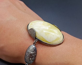 774 Natural Amber Bracelet, Milky White with Yellow, Oval Shape, Opaque Amber,  925 Sterling Silver, Adjustable bracelet, 22g, 15-20 cm