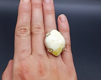 Royal White Natural Amber Ring with 925 Sterling Silver, Hearts, Baltic Amber, Milky Gemstone, Adjustable Amber Ring, #773