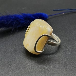 332 Rectangle Shape Sterling Silver Ring With Natural White Yellow Amber, Adjustable Amber Ring, 8.6g, Sizable Ring 6+ (16mm)