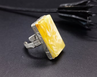 Amber Ring, 8.5 g, 925 Sterling Silver,  Adjustable Ring 6+ (16mm), Opaque Yellow with White Pattern, #768