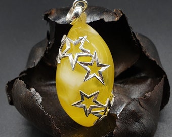 296 Natural Amber Pendant, Yellow White Amber, Silver Stars, 15g, Teardrop Shape Amber Pendant