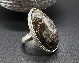 291 Natural Dark Amber Ring, Oval Shape, 8,0 g Opaque Grey/Gray Amber, 925 Sterling Silver, Sizeble Ring, Adjustable Ring