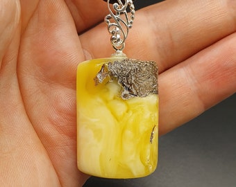 576 Natural  Amber Pendant, Yellow White with Brown,  925 Sterling Silver, Baltic Amber, Cristmas Gift, Handmade Jewelry, Unique