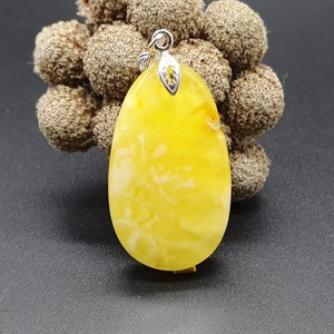 320 Natural Amber Teardrop Pendant, Yellow Opaque with White, 5.5 g, Sterling Silver