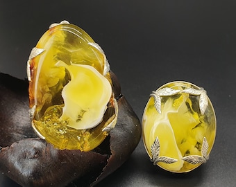 642 Exclusive Amber Set,  Pendant and Ring,  Transparent Yellow and Opaque White, 925 Sterling Silver, Adjustable Amber Ring 6.0+(16.5+mm)