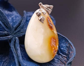 Amber Pendant, 925 Sterling Silver Leaves, Natural Amber, Milky White with Yellow and Red,  Teardrop Shape, Handmade Jewelry, 13g, #760