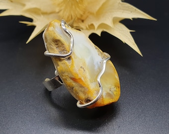 Anillo ámbar ajustable 17+ (6.5+USA), 925 Plata de Ley, Ámbar Natural, Blanco Opaco con Amarillo, Ámbar Báltico, #590