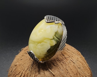 479 Anillo ámbar natural, nubes blancas, amarillo transparente, plata de ley 925, piedra preciosa única, anillo ajustable, 15+ (4.5+ EE.UU.), hecho a mano