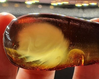Natural Amber Cabochon, Unpolished Cherrish Backside, Transparent Yellow with White Smoke, for collectors, for creative ideas, #749
