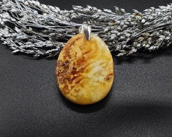 Untreated Natural Amber Pendant, 925 Sterling Silver, Unisex Adults Amber Pendant; 8.3 g, Opaque Yellow and Dark Brown, Oval Shape, #397