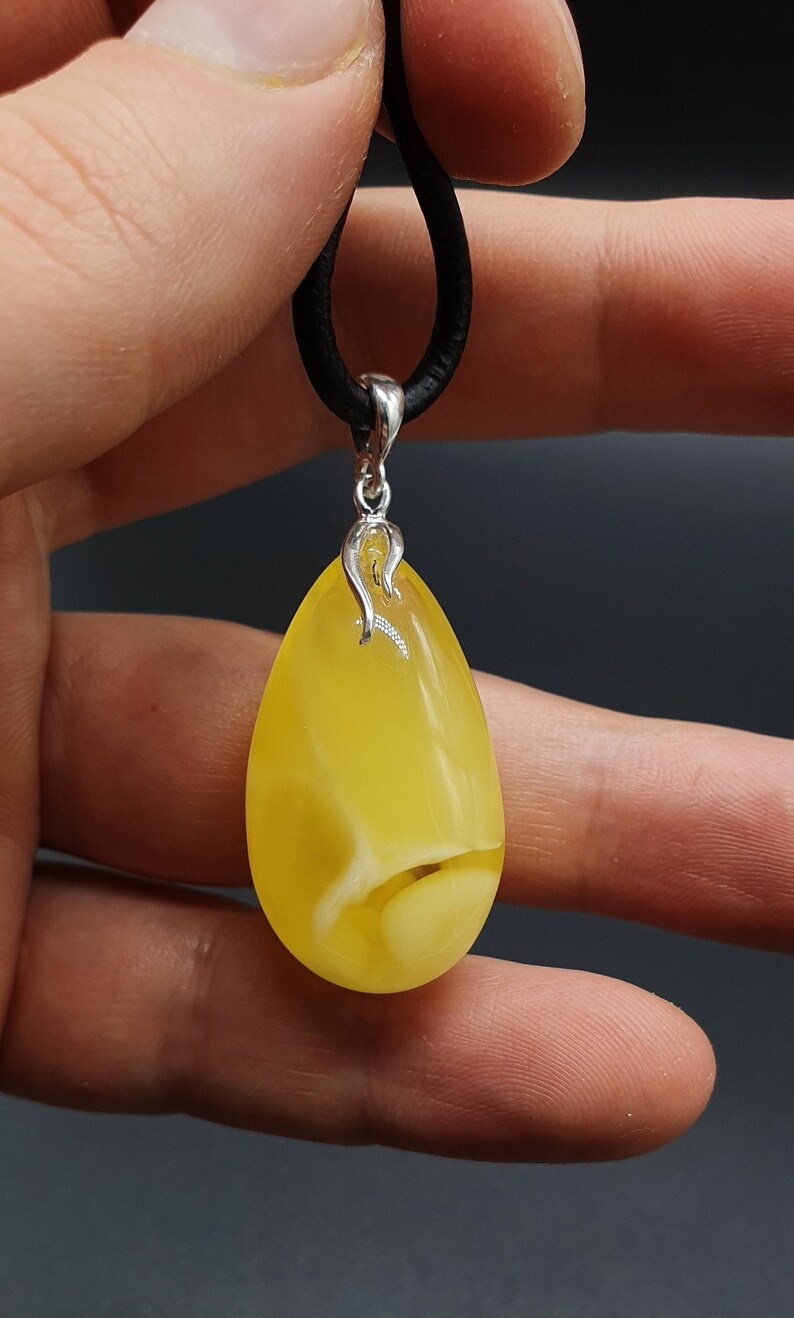 Yellow Opaque with Transparent 5.8 g Sterling Silver 260 Natural Amber Teardrop Pendant
