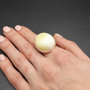 319 Oval Shape Sterling Silver Ring with Natural  White Yellow Amber, 12.2g, Adjustable Amber Ring, 17+