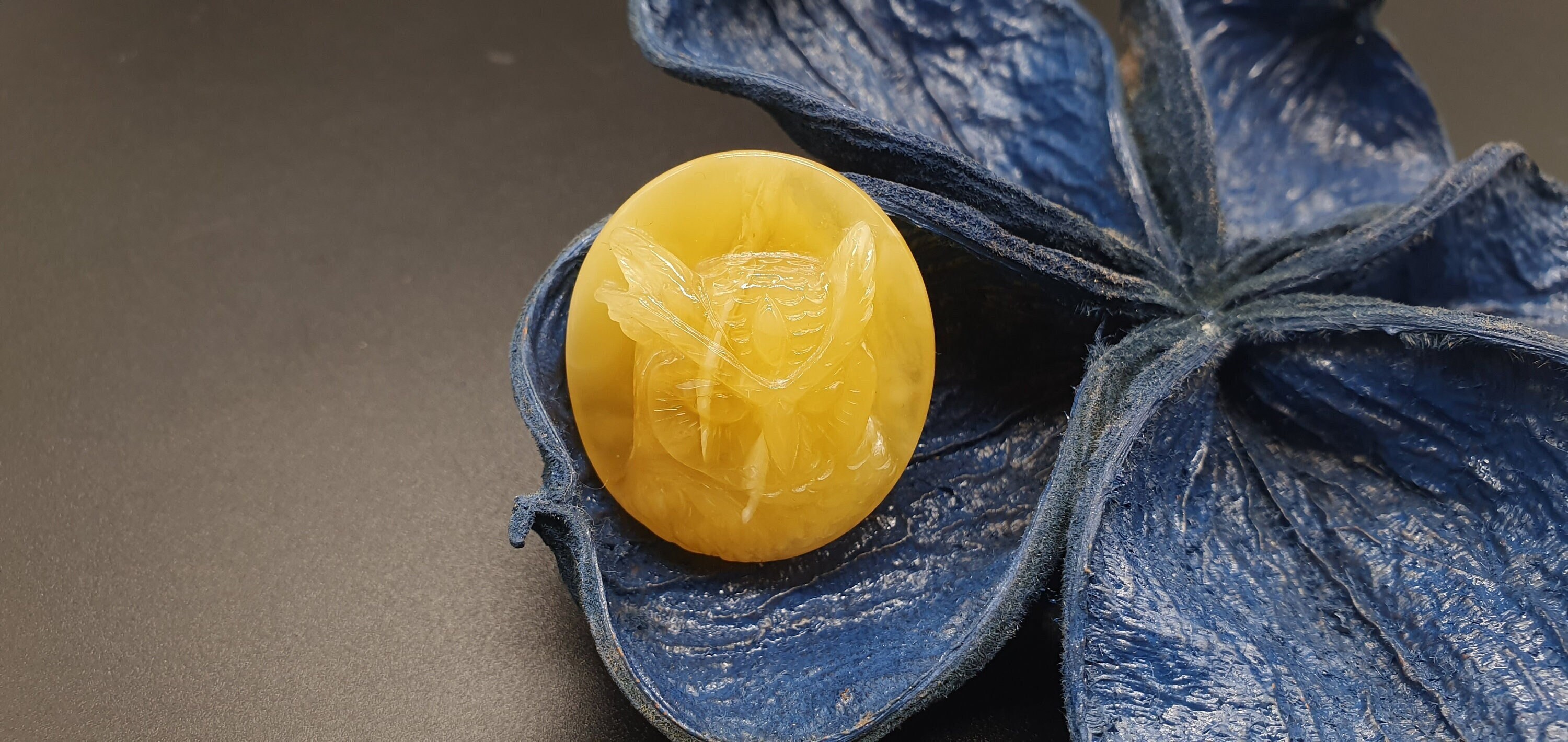 686 Natural Amber Owl, Amber Carving, Pendant, Yellow Opaque Amber, Round Shape, Baltic Amber, Exclusive Amber Carving, Handmade