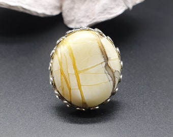 Round shape sterling silver ring with natural  white amber, adjustable amber ring, #152