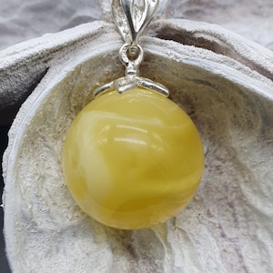 009 Natural Amber Pendant, 925 Sterling Silver, Opaque Yellow with White, Sphere Shape