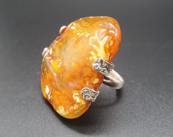 Amber Ring, 925 Sterling Silver, Oval Ring, Light Cognac Amber, Brown Amber, #054