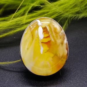778 Adjustable Amber Ring, Natural Gemstone, 15+ (4.5+USA), Transparent Yellow with Opaque White, 925 Sterling Silver, Baltic Amber Jewelry