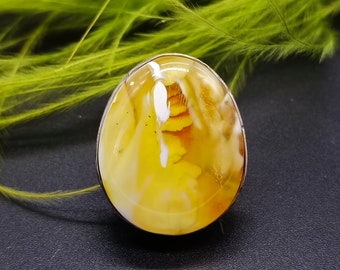 778 Adjustable Amber Ring, Natural Gemstone, 15+ (4.5+USA), Transparent Yellow with Opaque White, 925 Sterling Silver, Baltic Amber Jewelry
