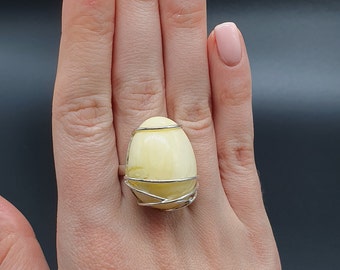 Drop shape sterling silver ring with natural milky white amber, adjustable amber ring, #185