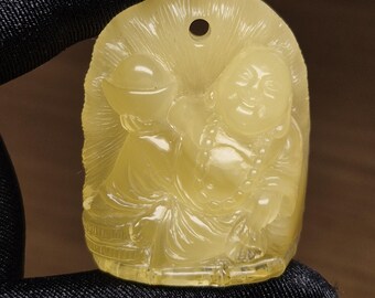 Hotei, God of Fortune, Carving, Ukrainian Amber Pendant, Transparent Amber, Amber Buddha