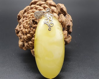 Oval Amber Pendant, 925 Sterling Silver, Yellow Opaque with Milky, Natural Baltic Amber,#072