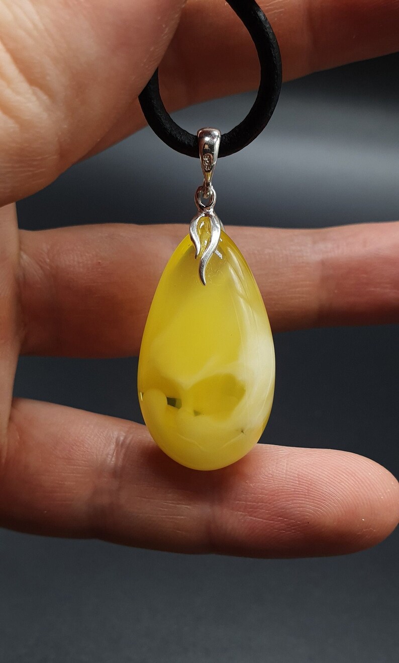 Yellow Opaque with Transparent 5.8 g Sterling Silver 260 Natural Amber Teardrop Pendant