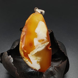 Amber Pendant, Light Cognac with White Opaque, 9.6g, 925 Sterling Silver, Full Skin Side, #633