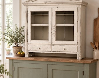 Vintage Taupe Display Cabinet, Distressed Wood Hutch, Sideboard, Chest of Drawers