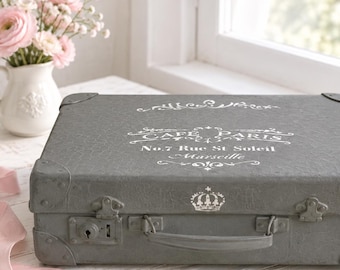 Small Gray Vintage Suitcase, Shabby Chic French Country Decor, Wedding Card Holder