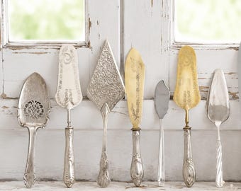 Servidor de pastel de plata antiguo: utensilio de postre de boda adornado