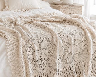 Vintage French Hand Crochet Cotton Bedspread, Beige Lace Scalloped Bed Throw