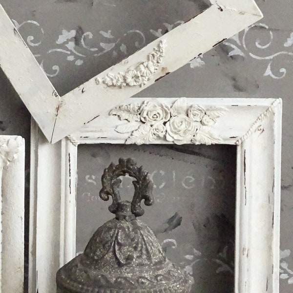 Cadre photo blanc shabby chic, cadre en bois floral profond, cadre de ferme vieilli, décoration murale neutre galerie, cadre photo vide antique