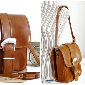 Bolsa de ombro carteiro marrom castanho, bolsa carteiro de couro vegano, bolsa com aba Coach, bolsa retrô de couro sintético, bolsa de ombro escolar para escritório