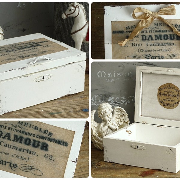 Antique White Wood Storage Box French Label, Shabby Chic White Painted Decoupaged Box Lid, Hope Treasure Chest, Distressed Box, Display Box