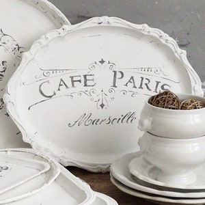 Shabby Chic White Metal Serving Tray: Distressed Stenciled Vanity Tray