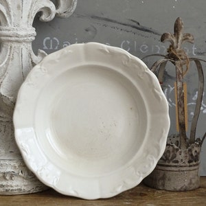 Antique Ironstone Soup Bowl: Embossed Scalloped Edge, Farmhouse Decor