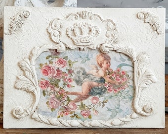 Panneau décoratif Français chérubin mastic, photo décorative chérubin ange shabby chic, plaque murale chérubin ornée, panneau chérubin Style antique