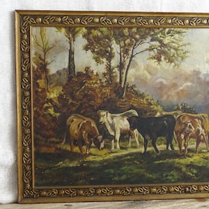 Antike Kühe Ölgemälde: Gesso Landschaft in verzierten Goldrahmen