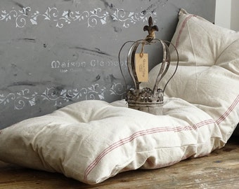 Antique Grain Sack Bench Cushion: Red Monogram Tufted Pillow