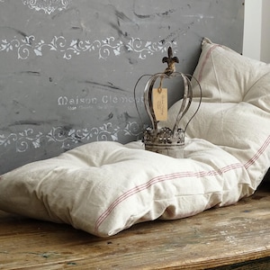 Antique Grain Sack Bench Cushion: Red Monogram Tufted Pillow