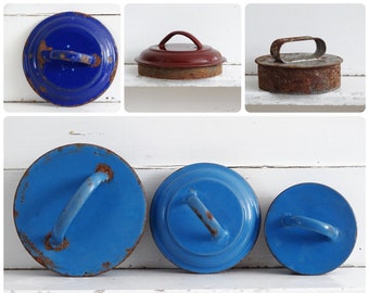 Vintage Blue Enamelware Lid: Rustic Farmhouse Kitchen Decor